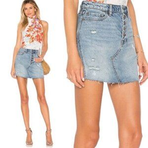 We The Free People 29 Light Wash Denim Distressed Fringe Hem Button Fly Skirt